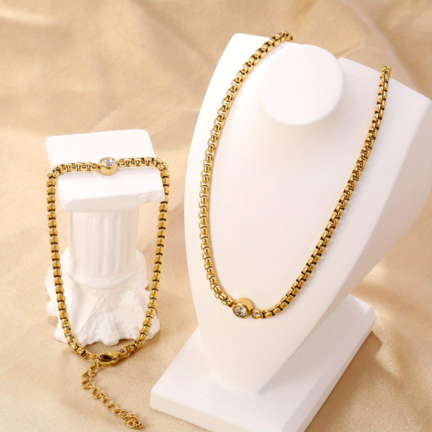 2pcs 316 Stainless Steel Square Necklace and Bracelet Set with Pendant Chain